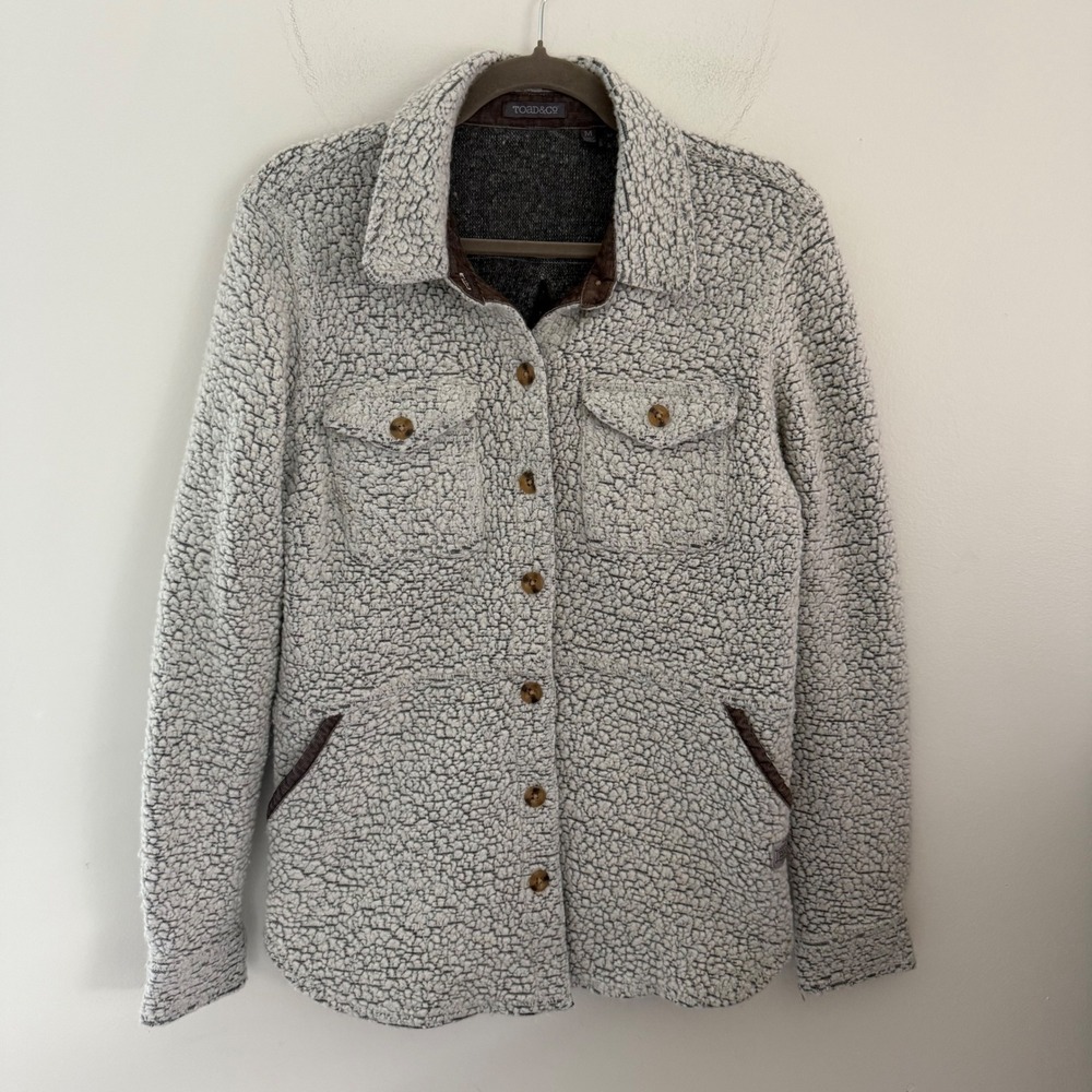 Toad&Co Womens Gray Wool Blend Sherpa Fleece Button Up Shirt Jacket Shacket M